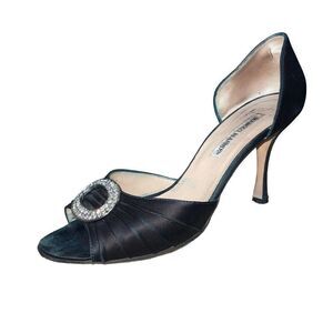 Y2K Manolo Blahnik Died Black Silk Rhinestone Buckle Peep-Toe High-Heel Pump | S